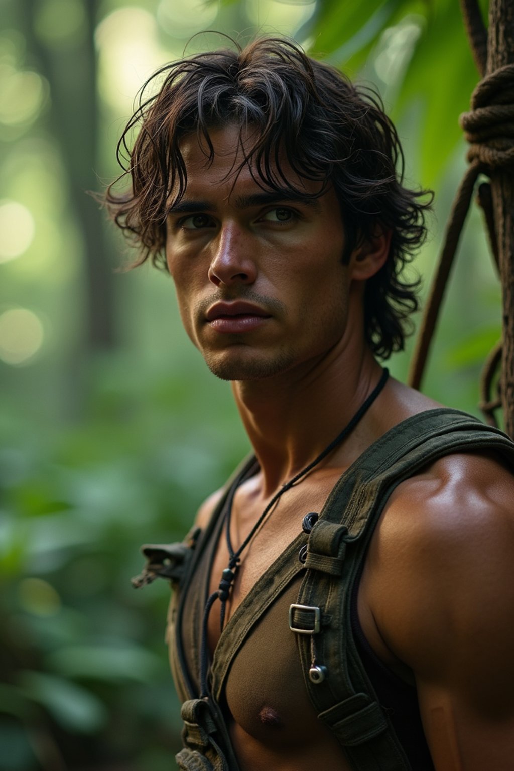 man as masculine male sidekick of Lara Croft  in Tombraider, in rainforest, cinematic lighting