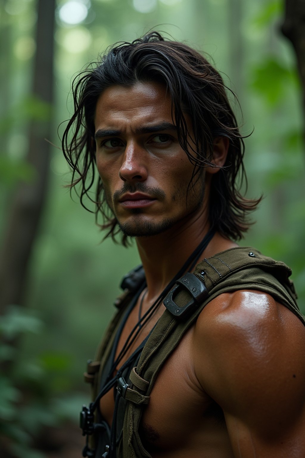 man as masculine male sidekick of Lara Croft  in Tombraider, in rainforest, cinematic lighting