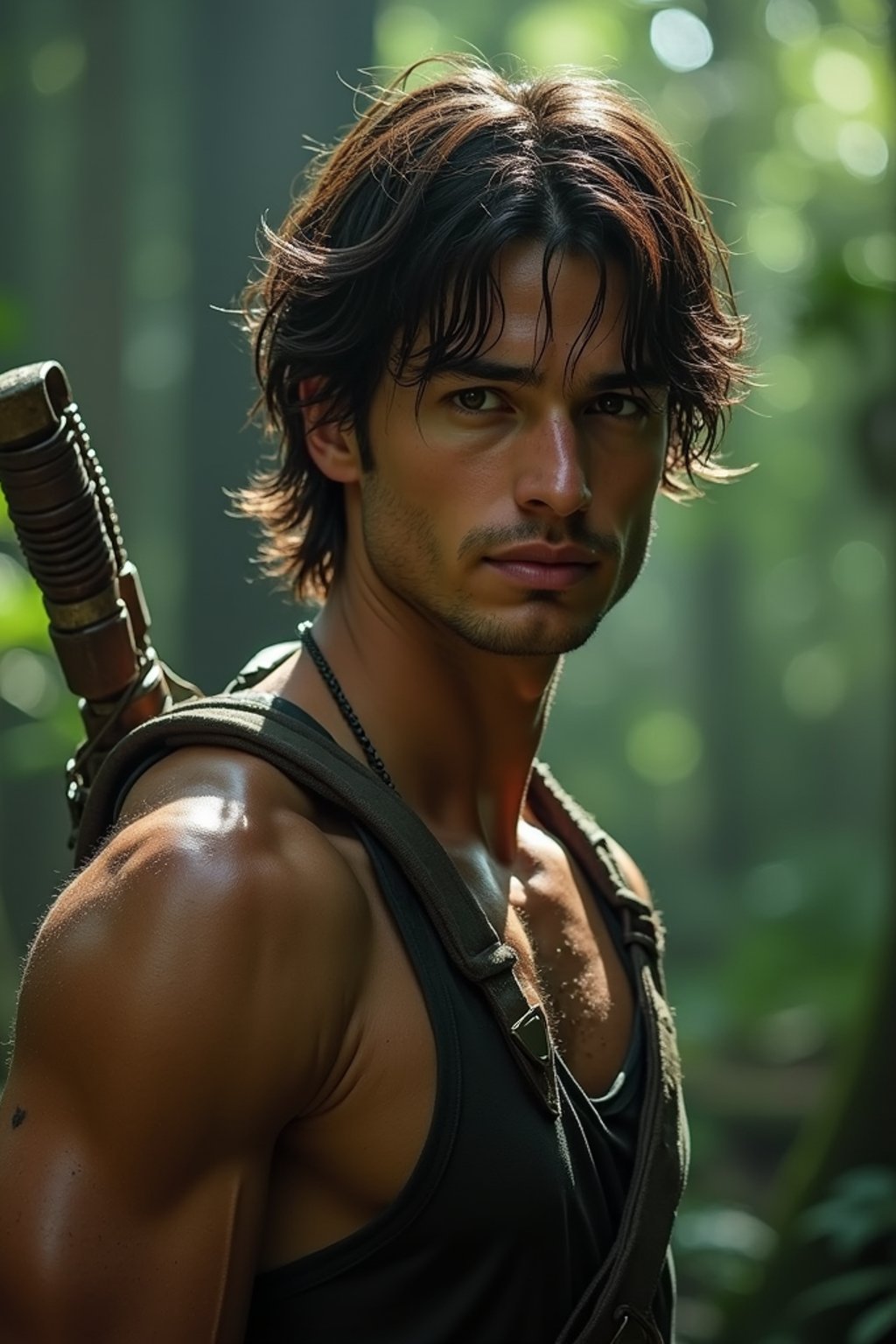 man as masculine male sidekick of Lara Croft  in Tombraider, in rainforest, cinematic lighting