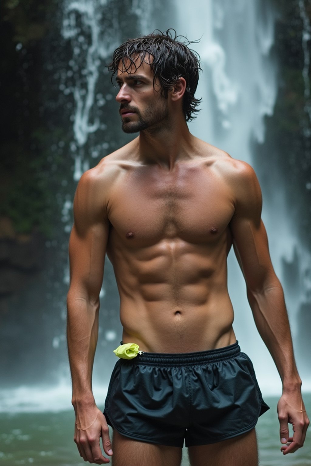 man in swim shorts  under a waterfall, wet hair