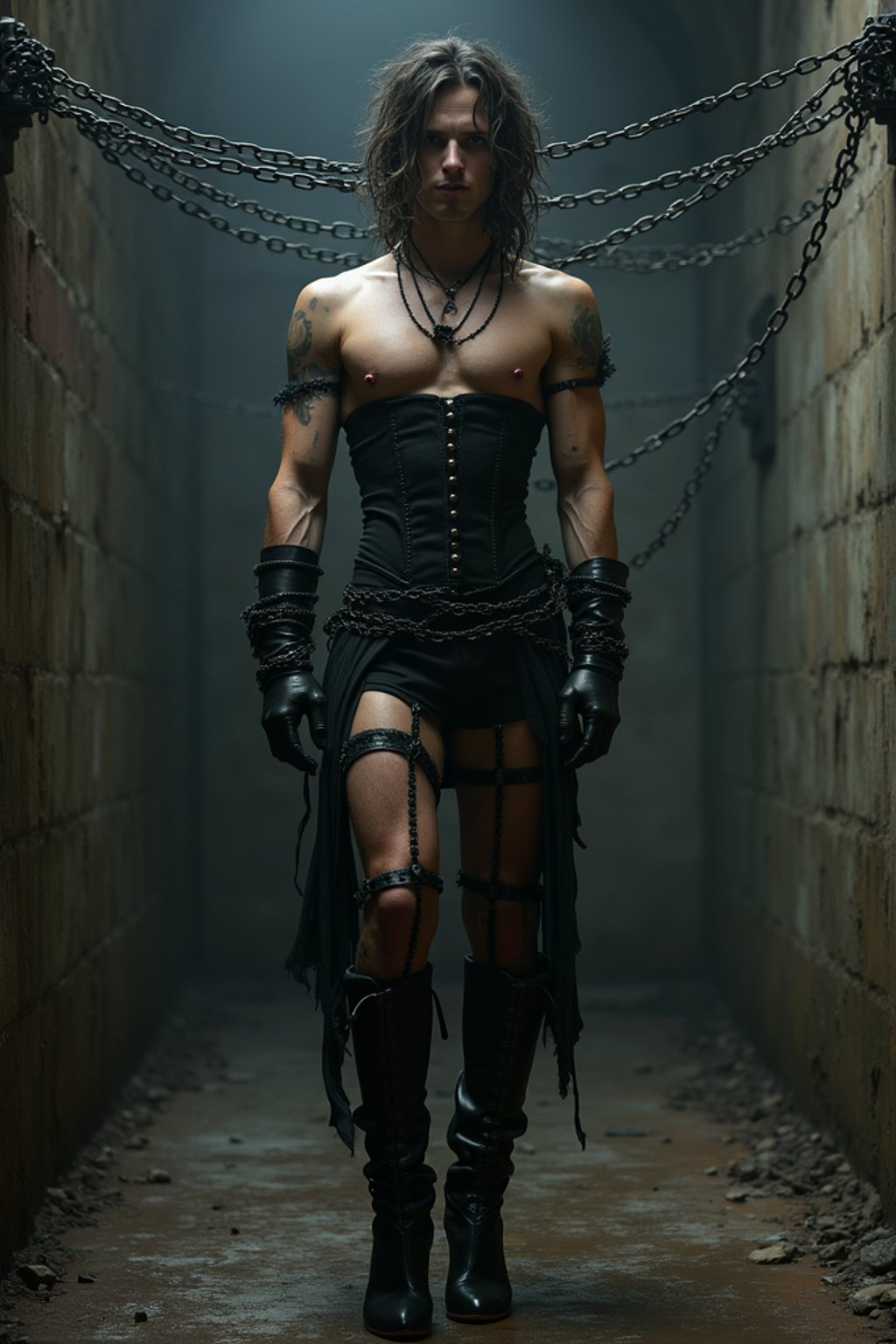 gothic man, bound by chains and barbed wire in a dungeon, very tight corset, high heels