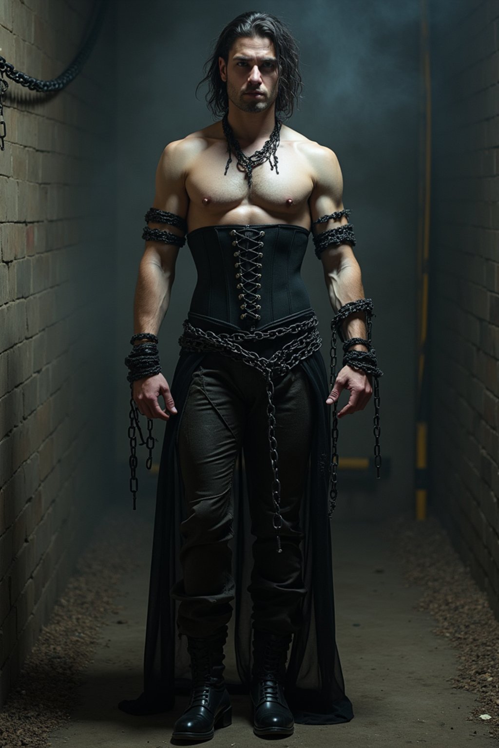 gothic man, bound by chains and barbed wire in a dungeon, very tight corset, high heels