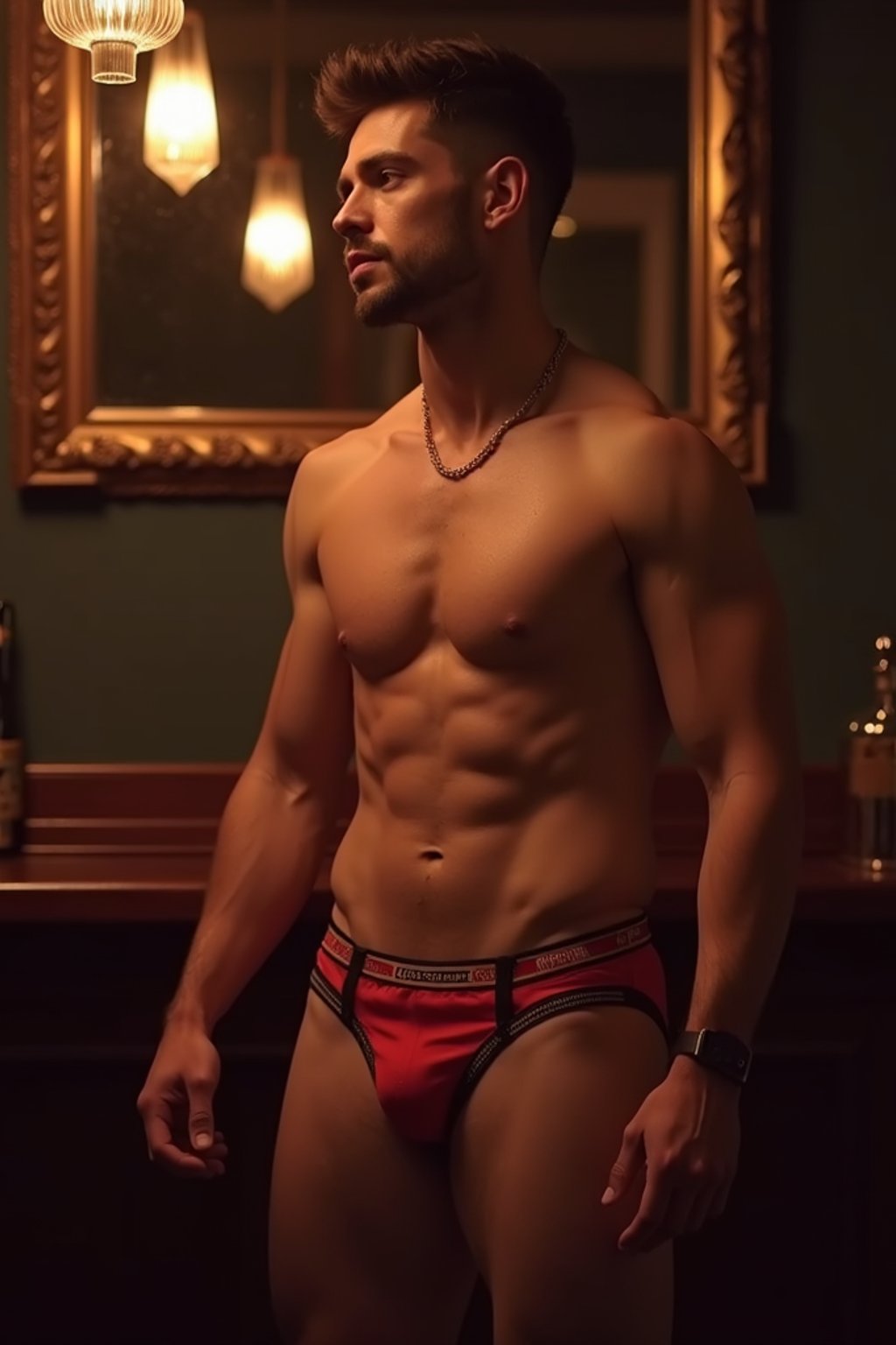 man in sexy underwear  as a chippendale  in strip club. wide shot. cinematic lighting