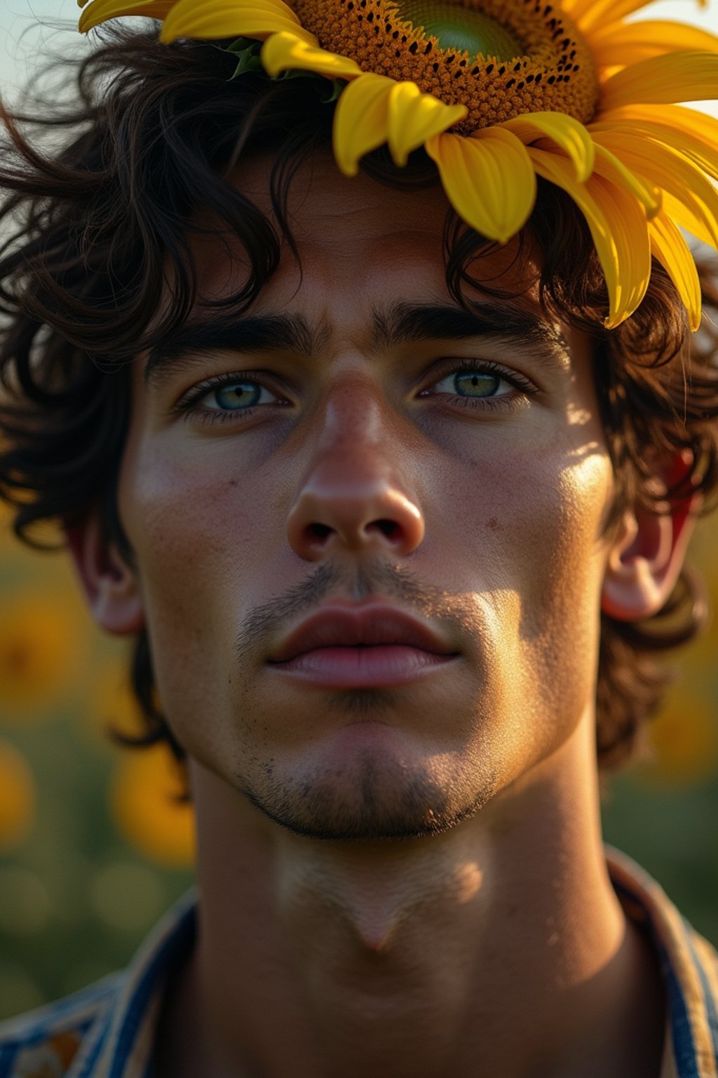 Close face shot of a man with a sunflower in hair, summer season, moody scene,, intricate, sharp details, summer vibe, gorgeous scene by gaston bussiere, craig mullins, somber lighting, drawn by giacomo burattini, inspired by graphic novel cover art, hyperrealistic, 8 k by rhads