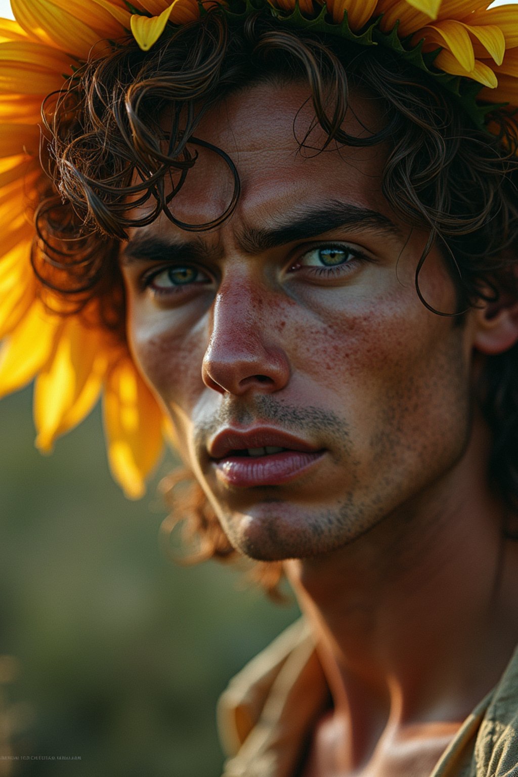 Close face shot of a man with a sunflower in hair, summer season, moody scene,, intricate, sharp details, summer vibe, gorgeous scene by gaston bussiere, craig mullins, somber lighting, drawn by giacomo burattini, inspired by graphic novel cover art, hyperrealistic, 8 k by rhads