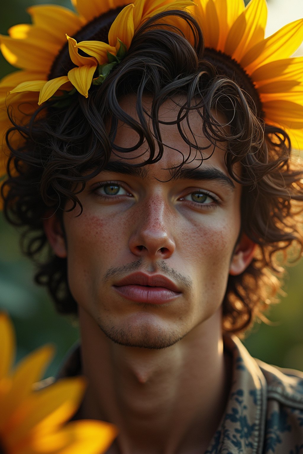 Close face shot of a man with a sunflower in hair, summer season, moody scene,, intricate, sharp details, summer vibe, gorgeous scene by gaston bussiere, craig mullins, somber lighting, drawn by giacomo burattini, inspired by graphic novel cover art, hyperrealistic, 8 k by rhads