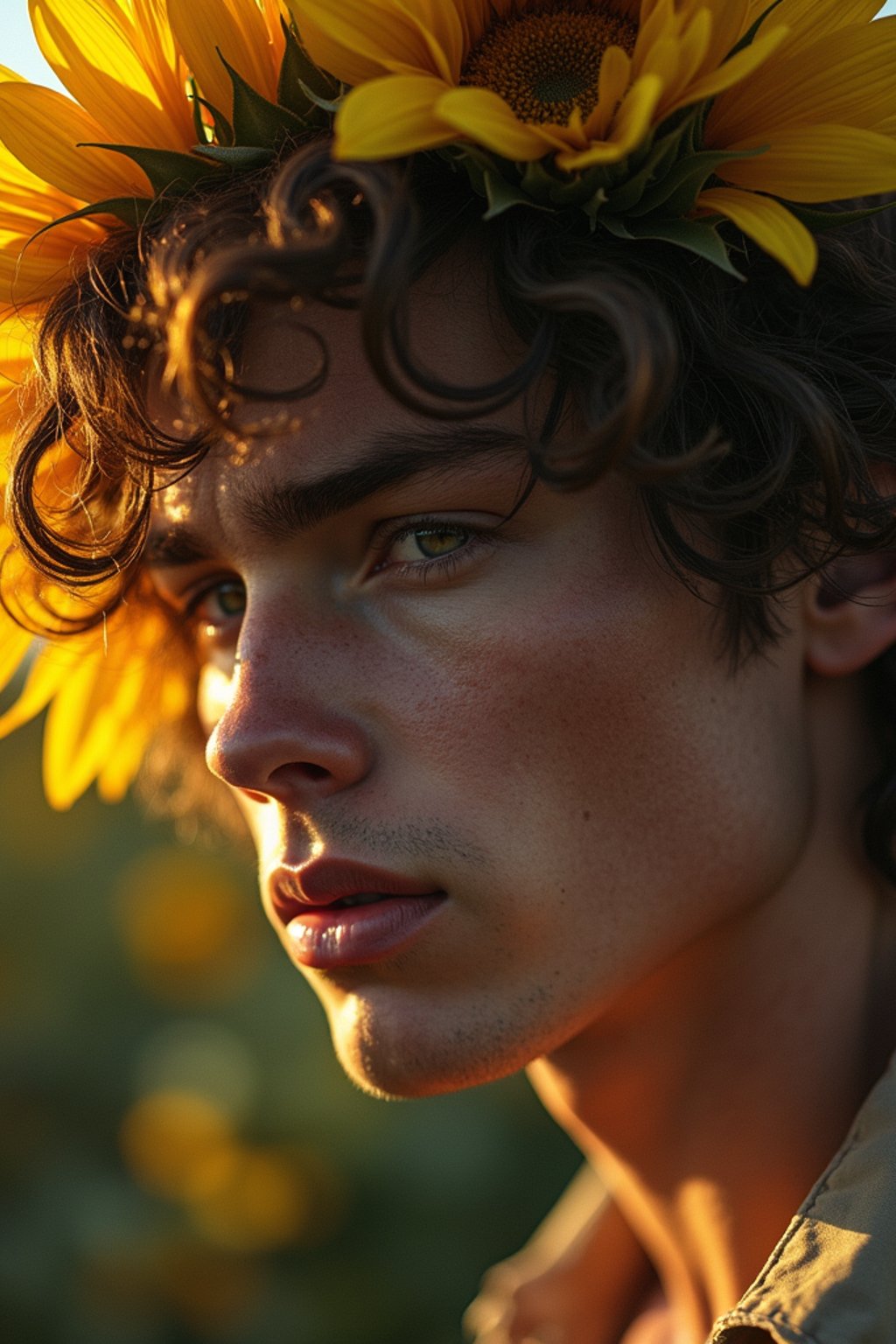 Close face shot of a man with a sunflower in hair, summer season, moody scene,, intricate, sharp details, summer vibe, gorgeous scene by gaston bussiere, craig mullins, somber lighting, drawn by giacomo burattini, inspired by graphic novel cover art, hyperrealistic, 8 k by rhads