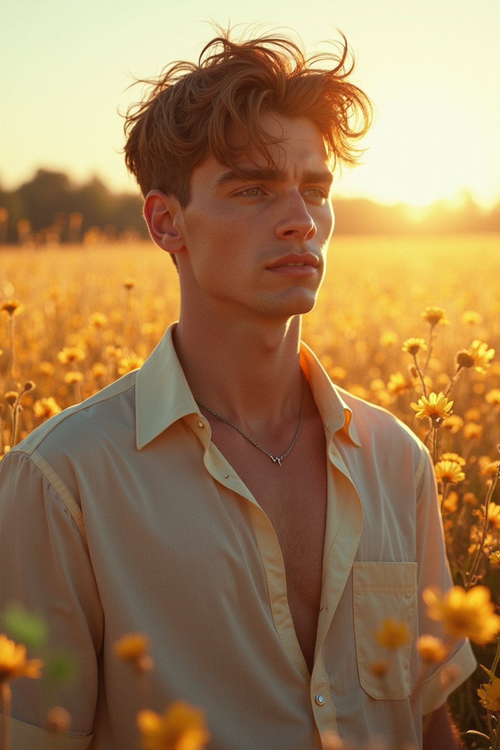 man | standing in field full of flowers | detailed gorgeous face! ! | full body! ! | god rays | intricate | elegant | realistic | hyperrealistic | cinematic | character design | concept art | illustration | digital art | digital painting | depth of field