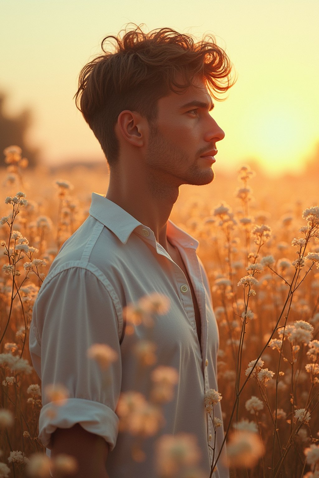 man | standing in field full of flowers | detailed gorgeous face! ! | full body! ! | god rays | intricate | elegant | realistic | hyperrealistic | cinematic | character design | concept art | illustration | digital art | digital painting | depth of field