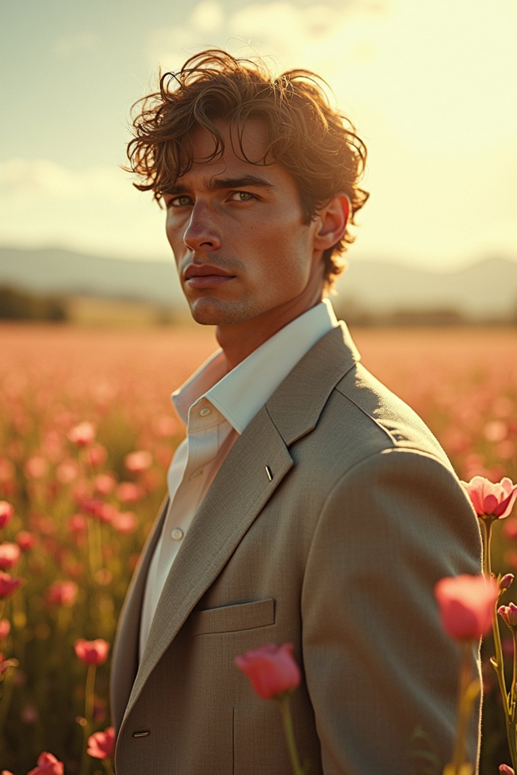 man | standing in field full of flowers | detailed gorgeous face! ! | full body! ! | god rays | intricate | elegant | realistic | hyperrealistic | cinematic | character design | concept art | illustration | digital art | digital painting | depth of field