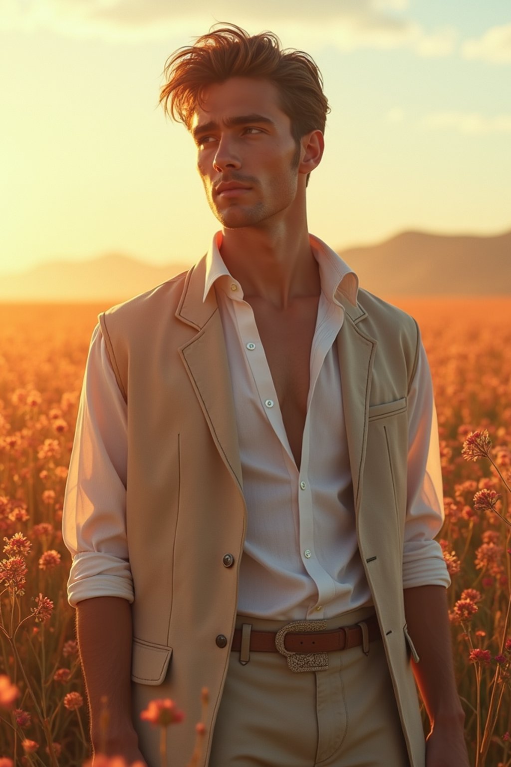 man | standing in field full of flowers | detailed gorgeous face! ! | full body! ! | god rays | intricate | elegant | realistic | hyperrealistic | cinematic | character design | concept art | illustration | digital art | digital painting | depth of field