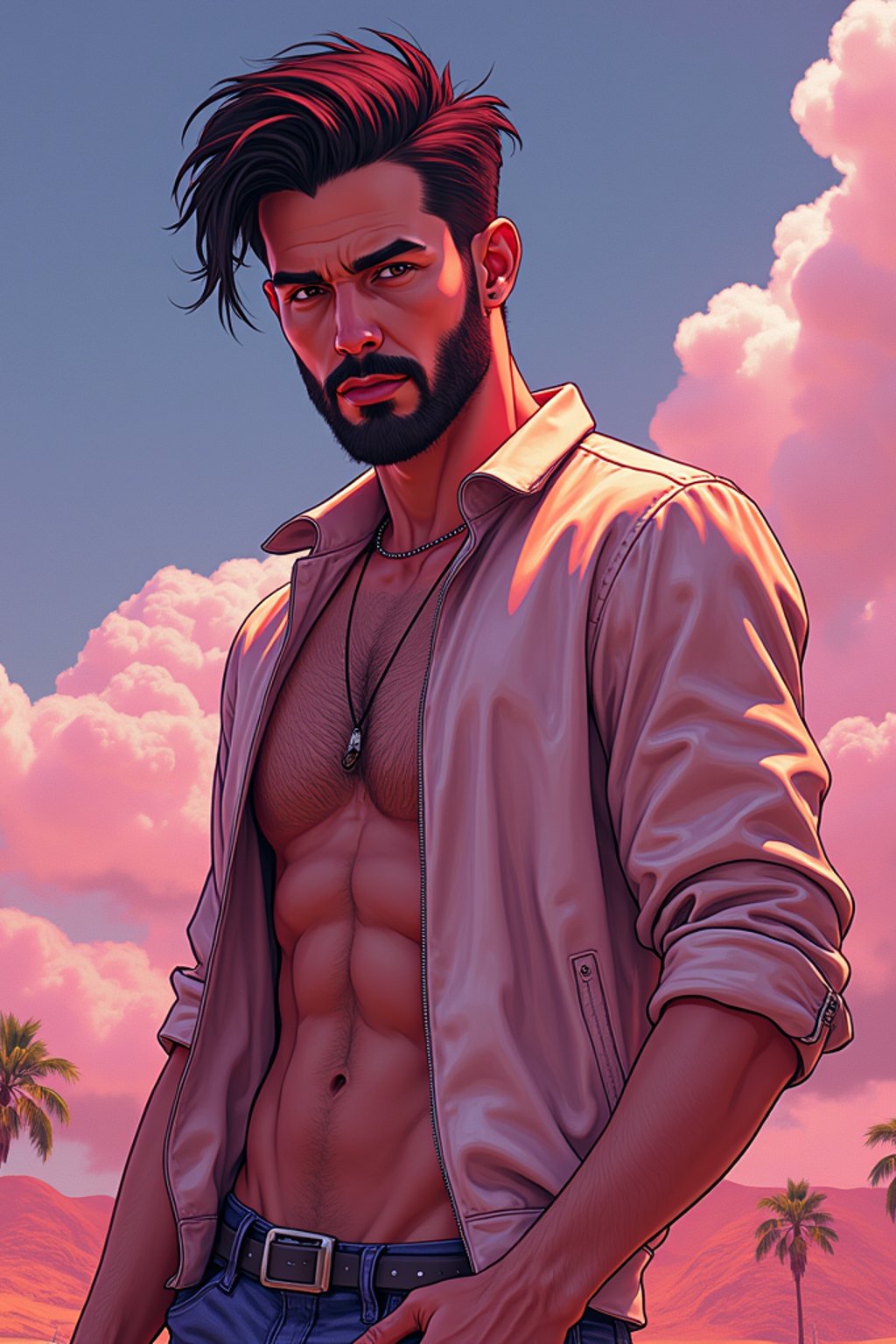 man, gta vice city cover art, borderlands style, celshading, trending on artstation, by rhads, andreas rocha, rossdraws, makoto shinkai, laurie greasley, lois van baarle, ilya kuvshinov and greg rutkowski