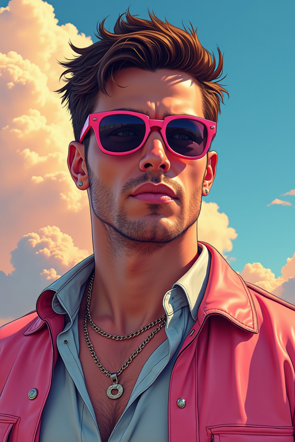 man, gta vice city cover art, borderlands style, celshading, trending on artstation, by rhads, andreas rocha, rossdraws, makoto shinkai, laurie greasley, lois van baarle, ilya kuvshinov and greg rutkowski