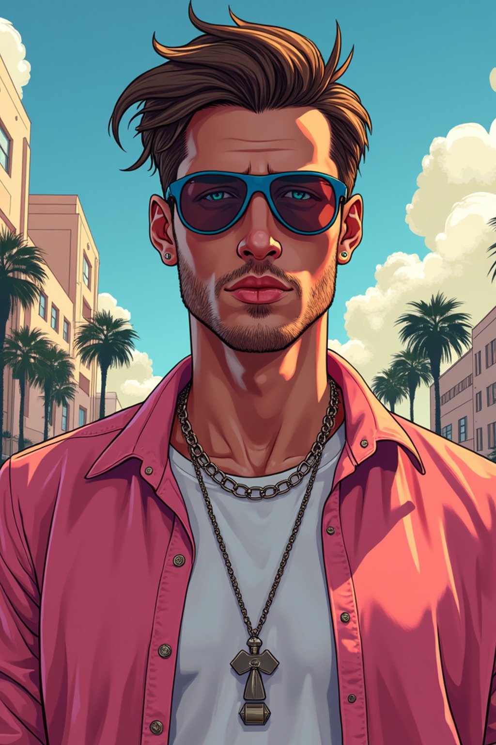 man, gta vice city cover art, borderlands style, celshading, trending on artstation, by rhads, andreas rocha, rossdraws, makoto shinkai, laurie greasley, lois van baarle, ilya kuvshinov and greg rutkowski