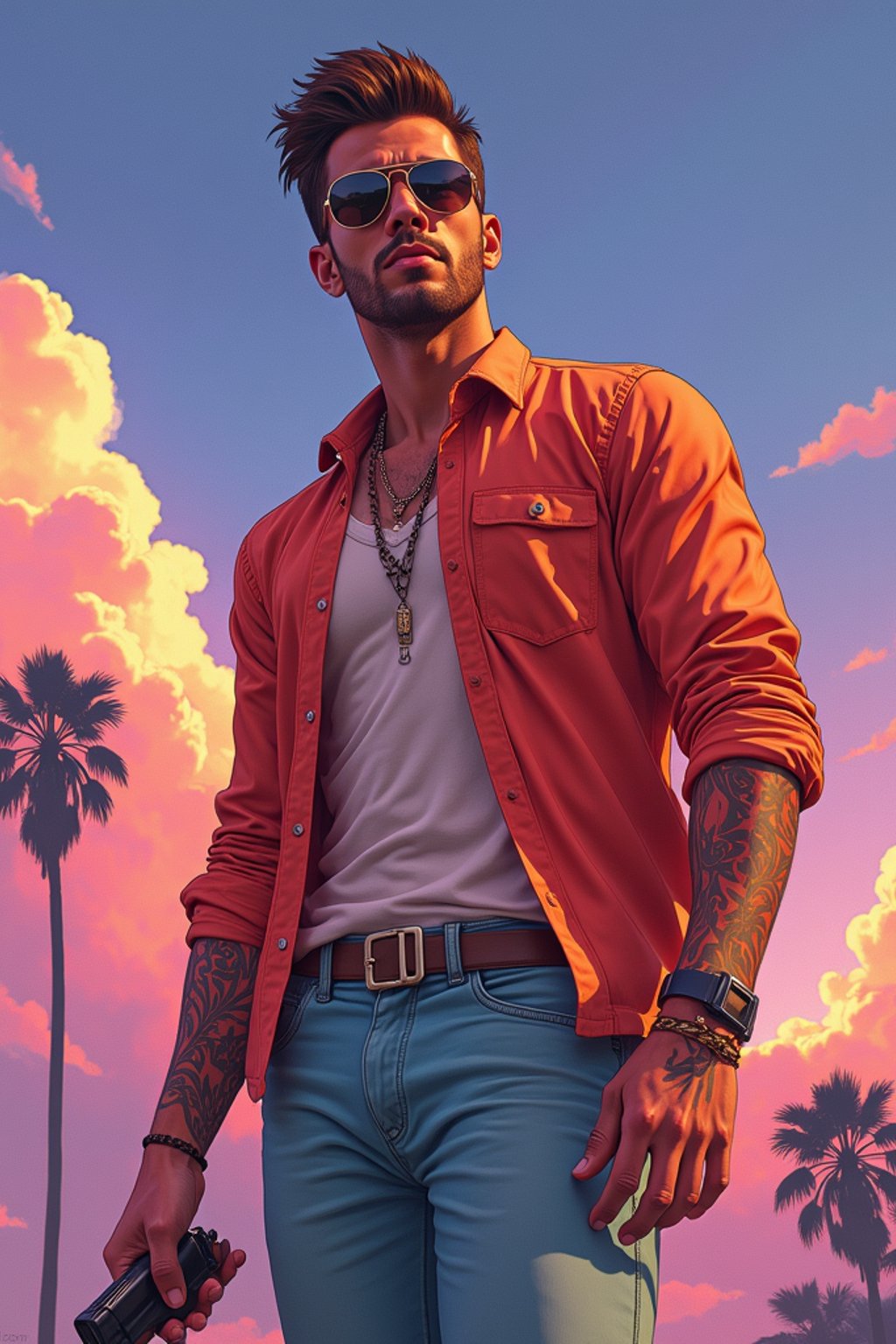 man, gta vice city cover art, borderlands style, celshading, trending on artstation, by rhads, andreas rocha, rossdraws, makoto shinkai, laurie greasley, lois van baarle, ilya kuvshinov and greg rutkowski