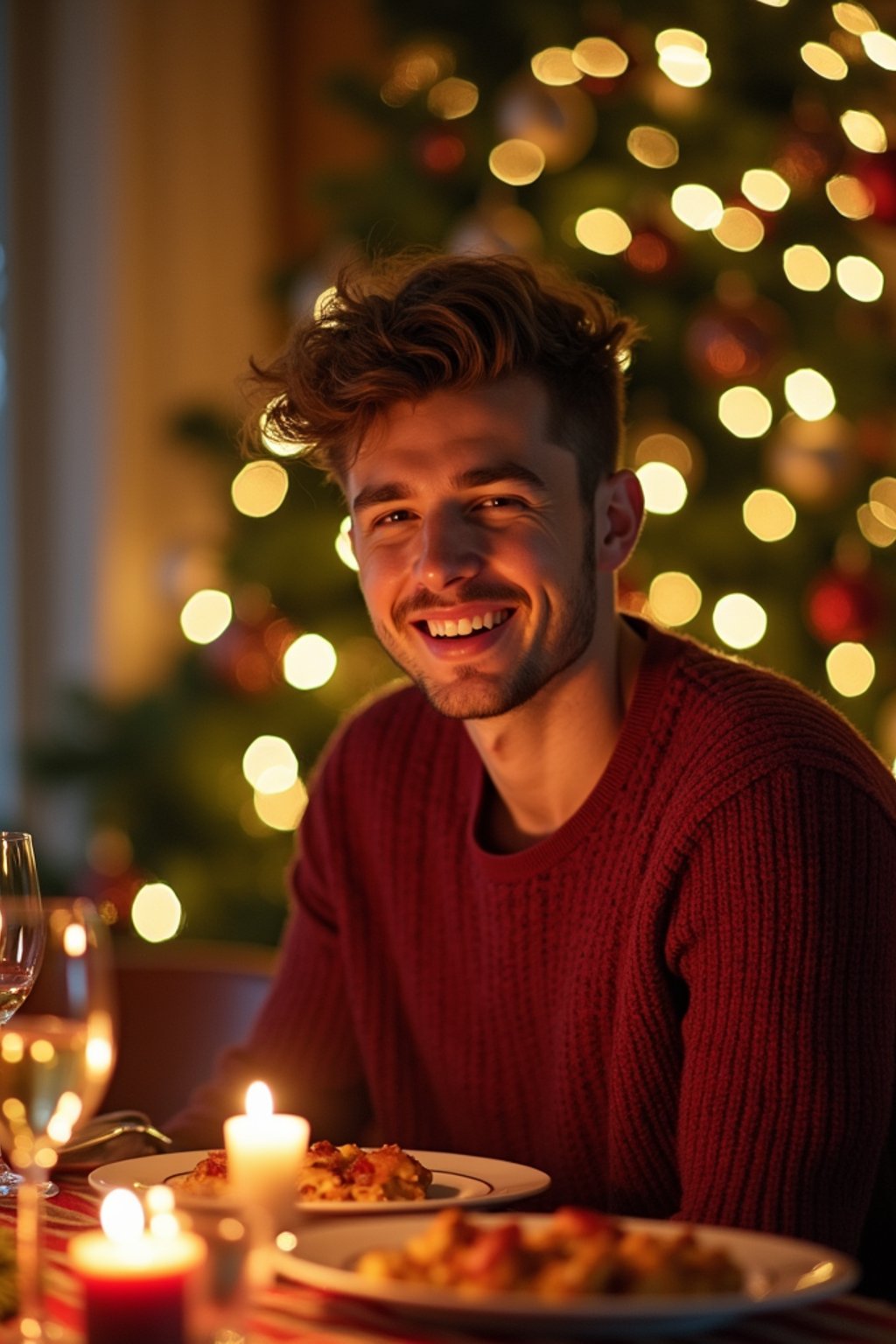 man at Christmas dinner wearing Christmas style clothes. Christmas tree in background. Christmas lights