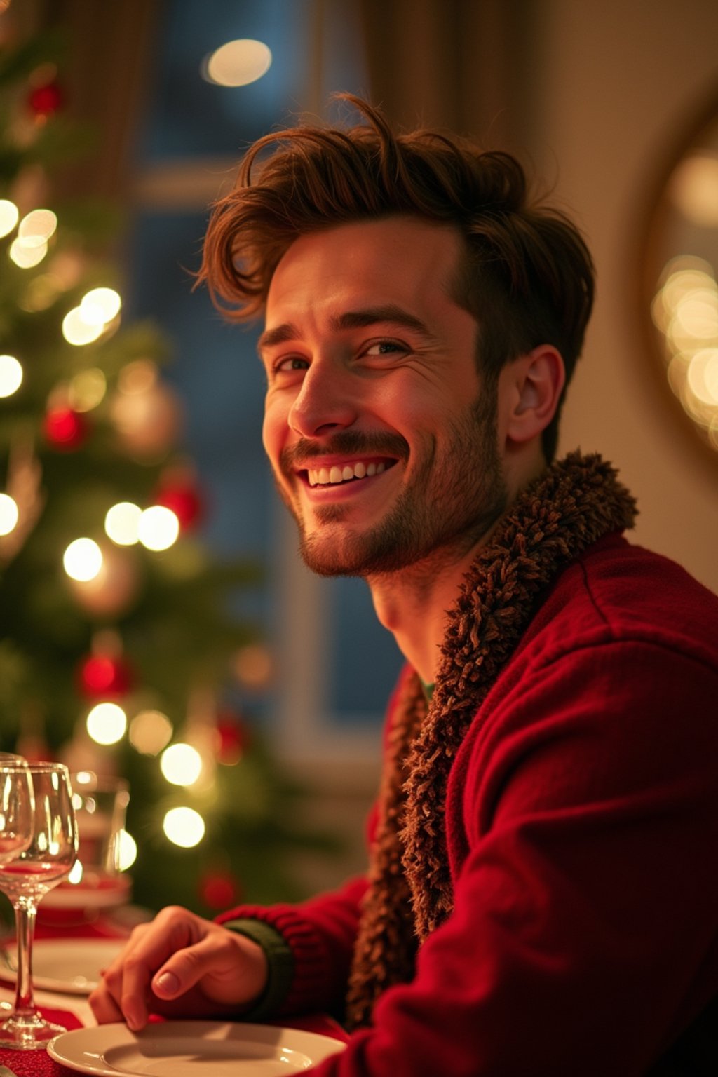 man at Christmas dinner wearing Christmas style clothes. Christmas tree in background. Christmas lights