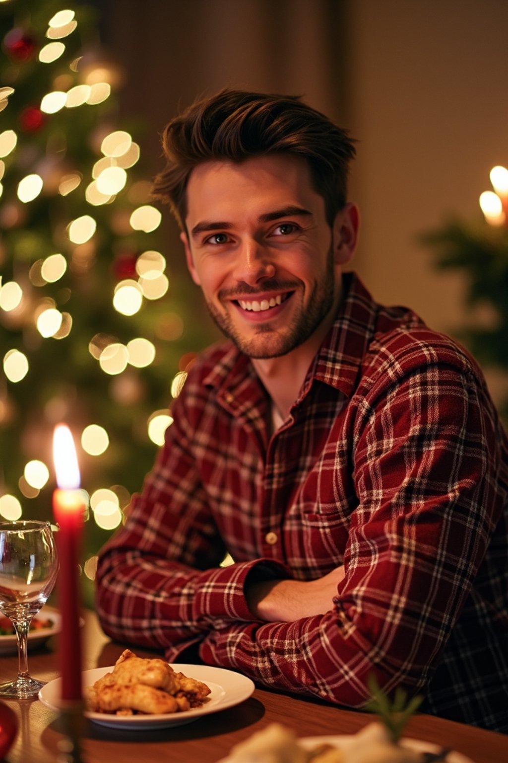 man at Christmas dinner wearing Christmas style clothes. Christmas tree in background. Christmas lights