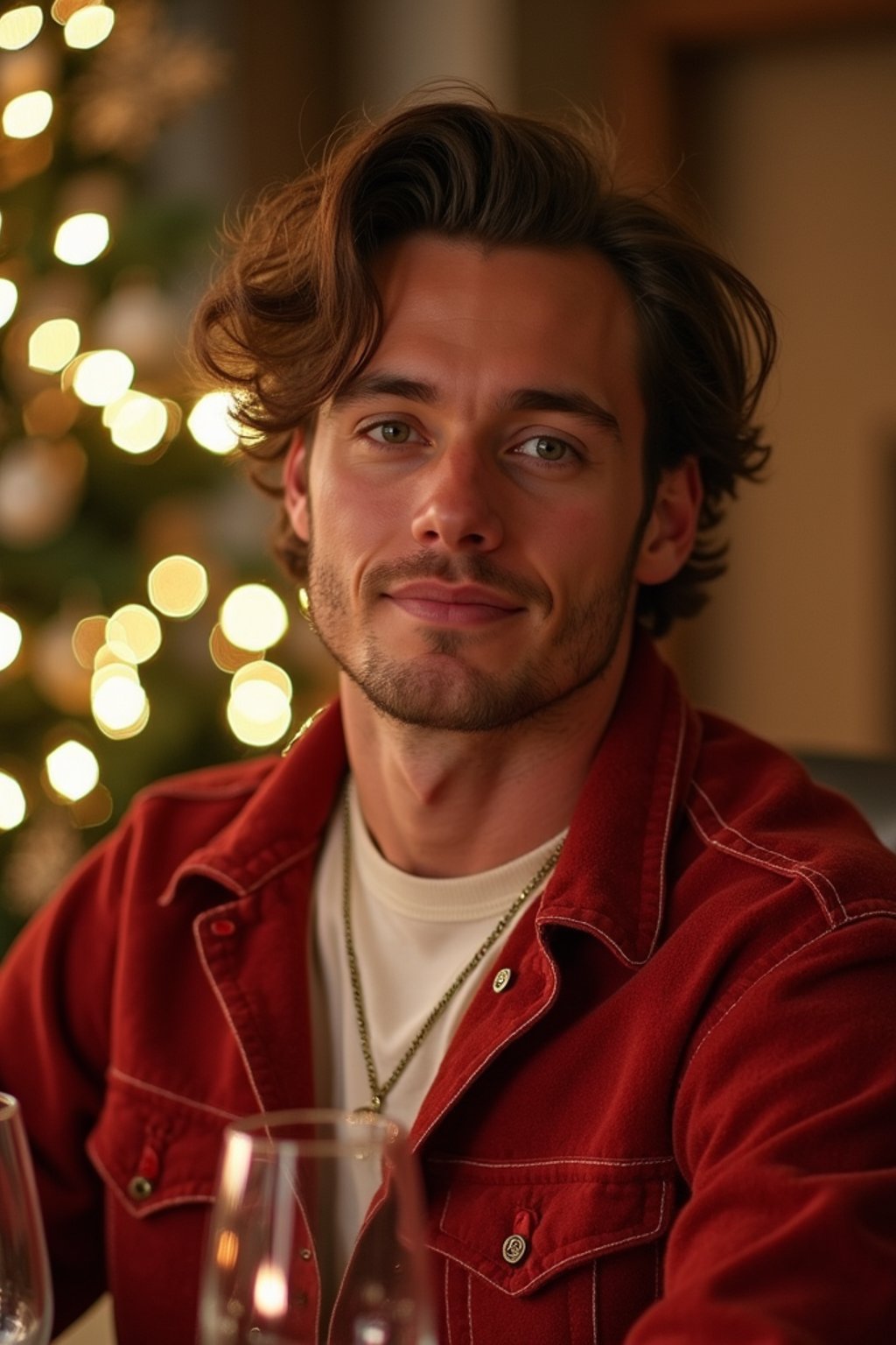 man at Christmas dinner wearing Christmas style clothes. Christmas tree in background. Christmas lights