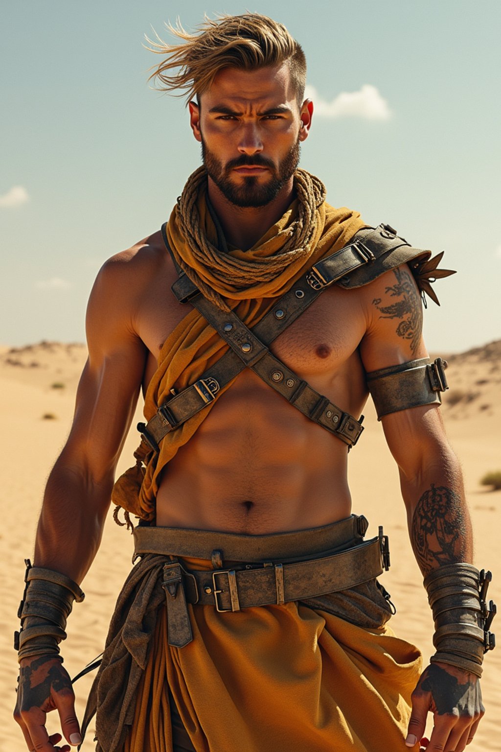 man in style of mad max warrior in desert _ unreal _ 5 _ daz. _ rpg _ shot _ extremely _ detailed _ artgerm _ greg _ rutkowski _ greg