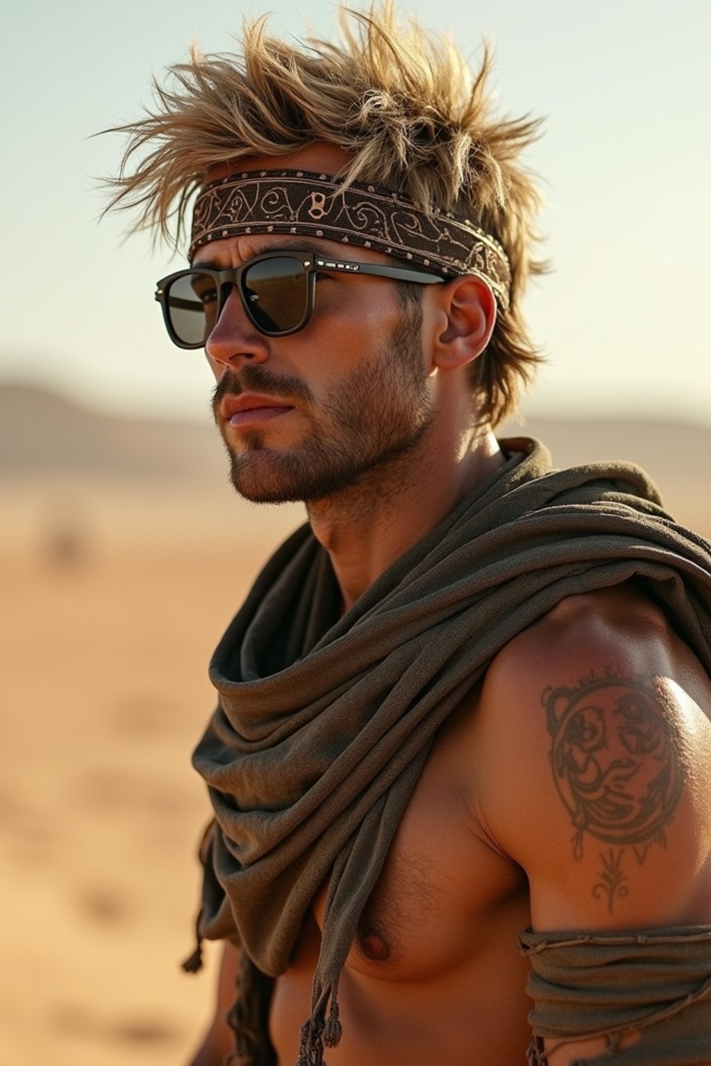 man in style of mad max warrior in desert _ unreal _ 5 _ daz. _ rpg _ shot _ extremely _ detailed _ artgerm _ greg _ rutkowski _ greg