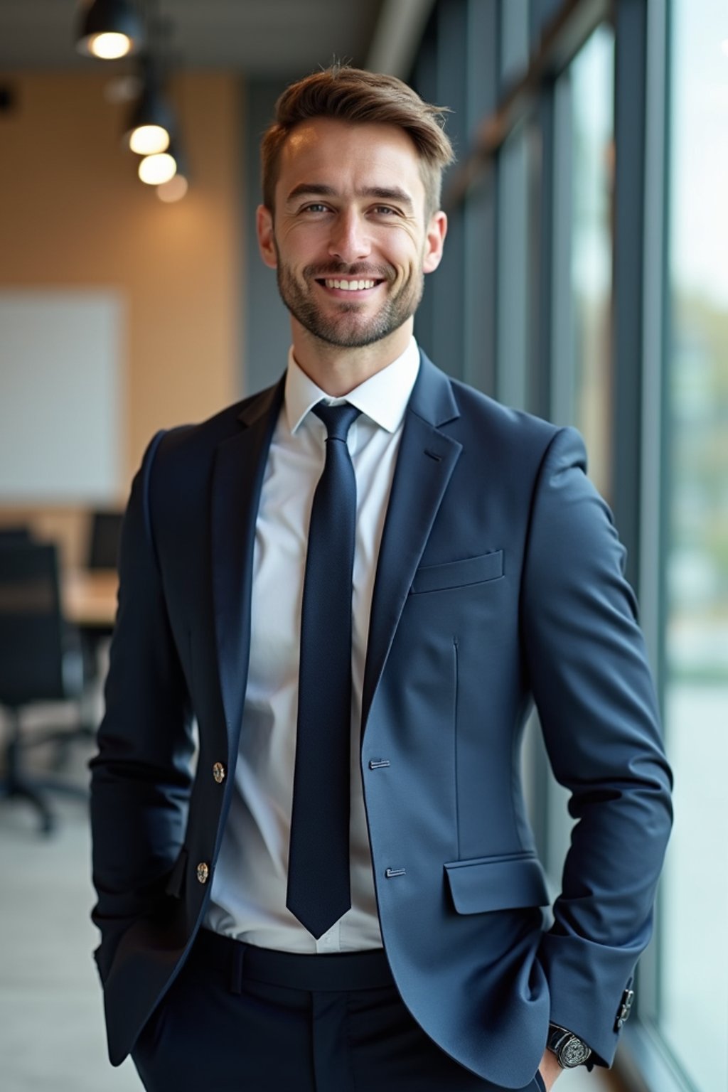 wide LinkedIn profile photo of a professional business man as a confident professional business man standing in a modern office. LinkedIn professional profile photo. most popular person on LinkedIn