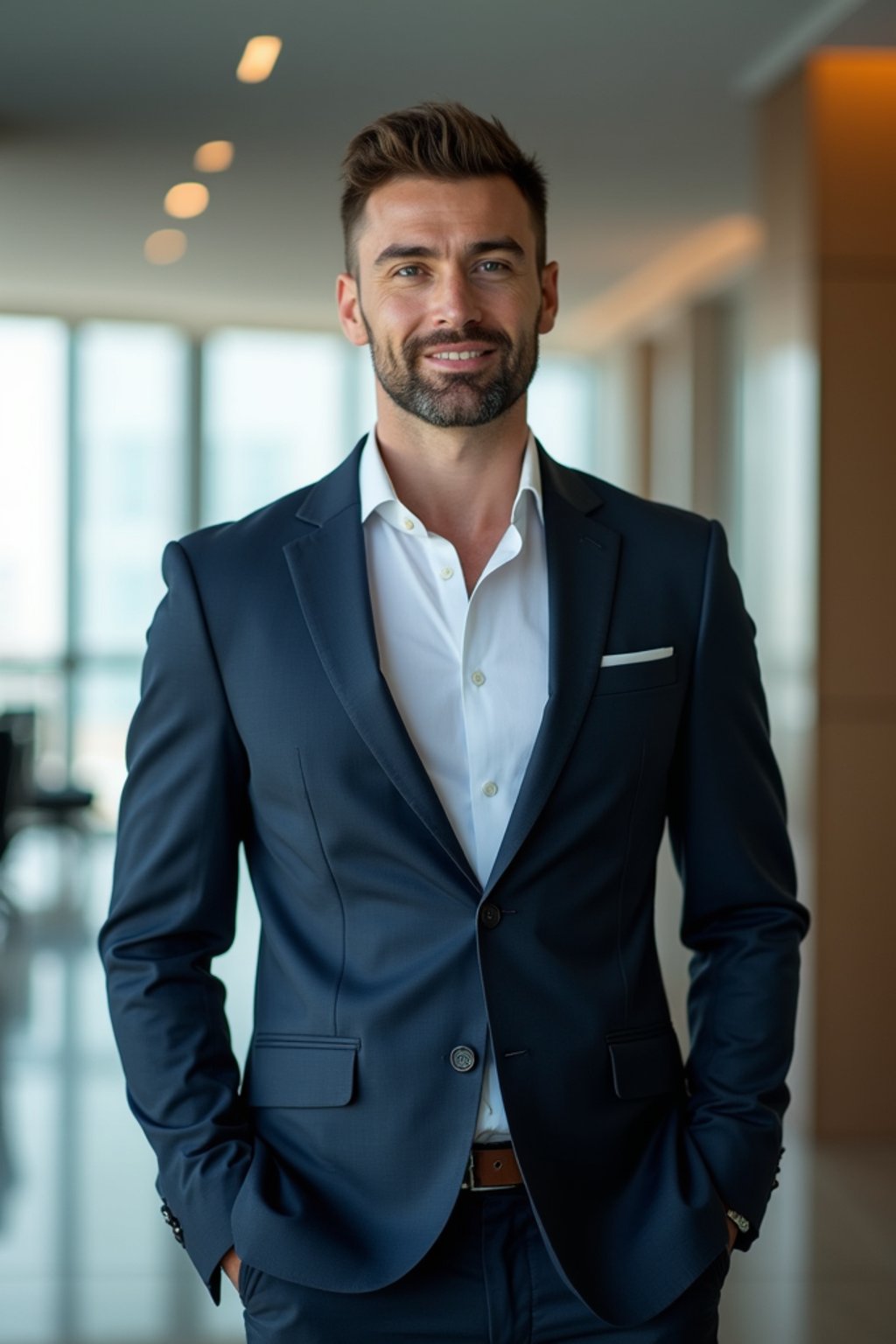 wide LinkedIn profile photo of a professional business man as a confident professional business man standing in a modern office. LinkedIn professional profile photo. most popular person on LinkedIn