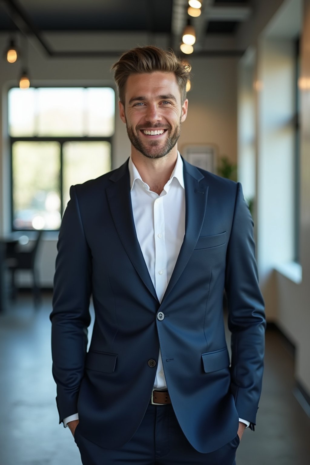 wide LinkedIn profile photo of a professional business man as a confident professional business man standing in a modern office. LinkedIn professional profile photo. most popular person on LinkedIn