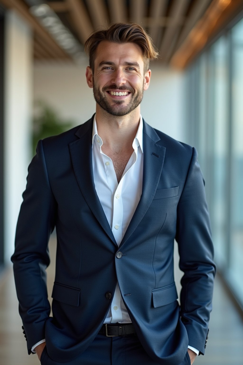 wide LinkedIn profile photo of a professional business man as a confident professional business man standing in a modern office. LinkedIn professional profile photo. most popular person on LinkedIn