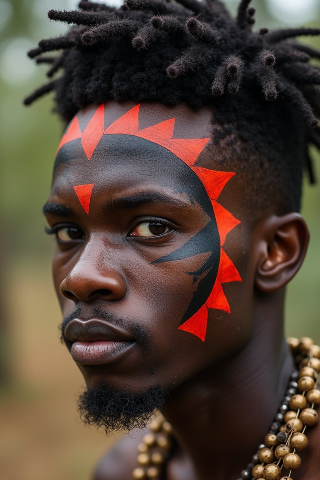 a man with  a tribal face paint design, adding an element of tribal and cultural inspiration to their festival look