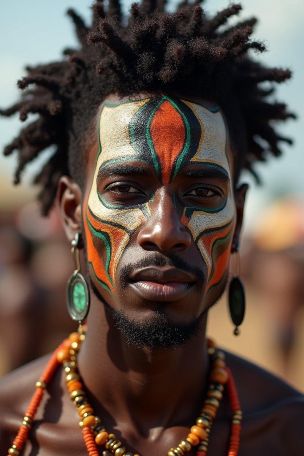 a man with  a tribal face paint design, adding an element of tribal and cultural inspiration to their festival look