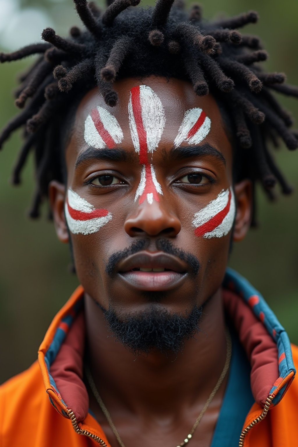 a man with  a tribal face paint design, adding an element of tribal and cultural inspiration to their festival look