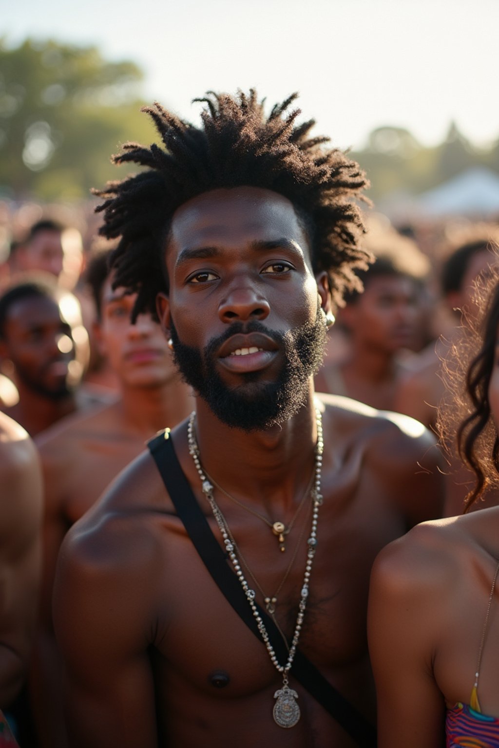 a stunning man surrounded by  a crowd of fellow festival-goers, capturing the sense of community and celebration at the festival