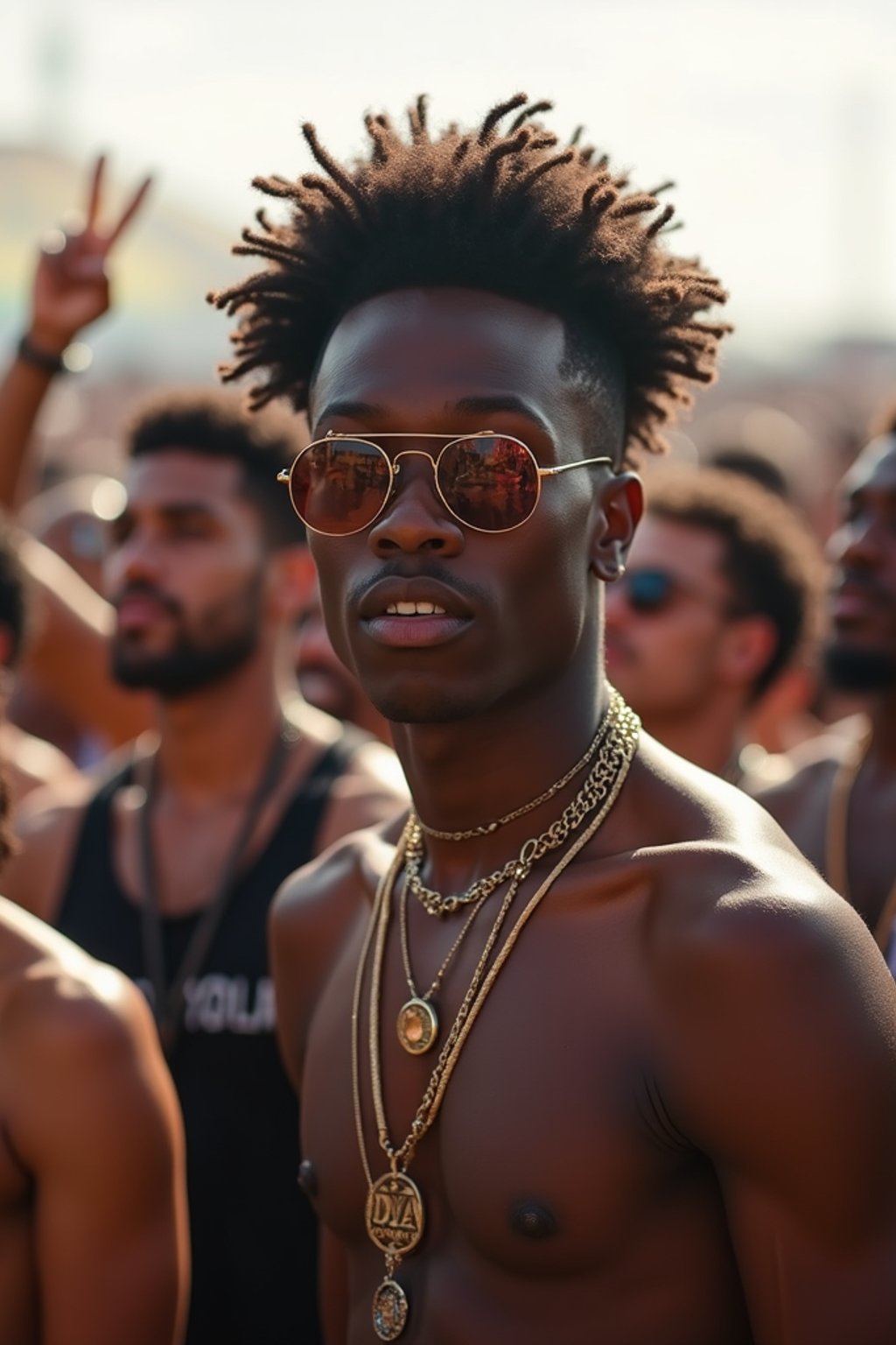 a stunning man surrounded by  a crowd of fellow festival-goers, capturing the sense of community and celebration at the festival