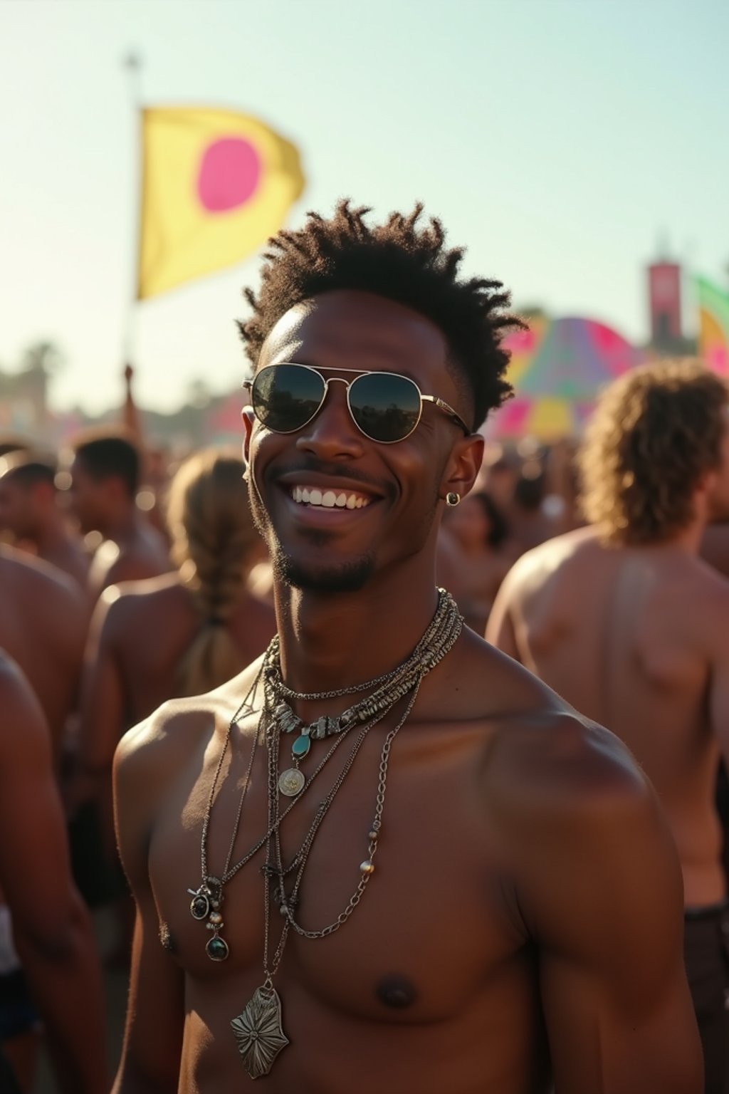 a stunning man surrounded by  a crowd of fellow festival-goers, capturing the sense of community and celebration at the festival