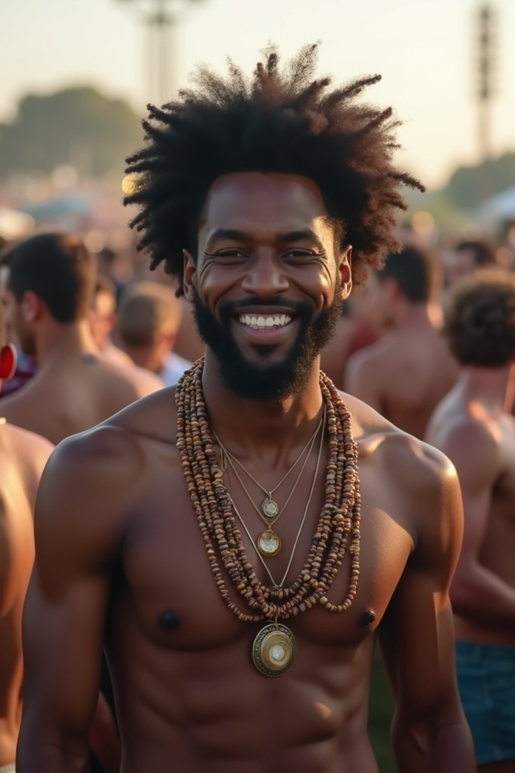 a stunning man surrounded by  a crowd of fellow festival-goers, capturing the sense of community and celebration at the festival