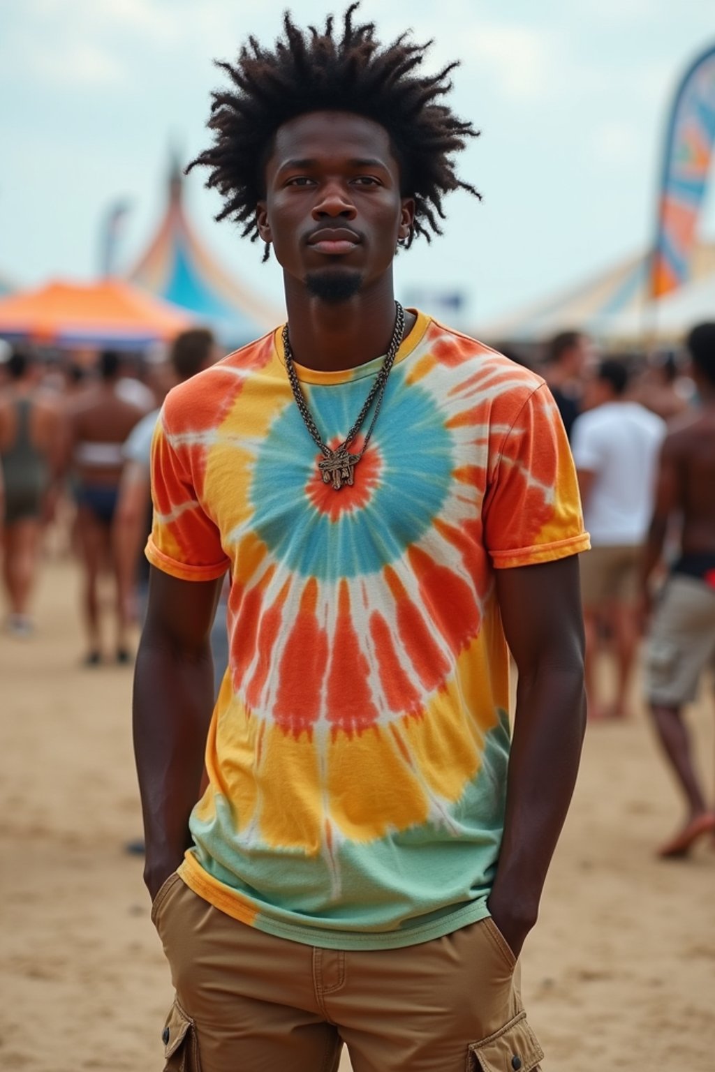 a man in  a tie-dye t-shirt and cargo shorts, embodying the DIY and personalization culture of music festivals