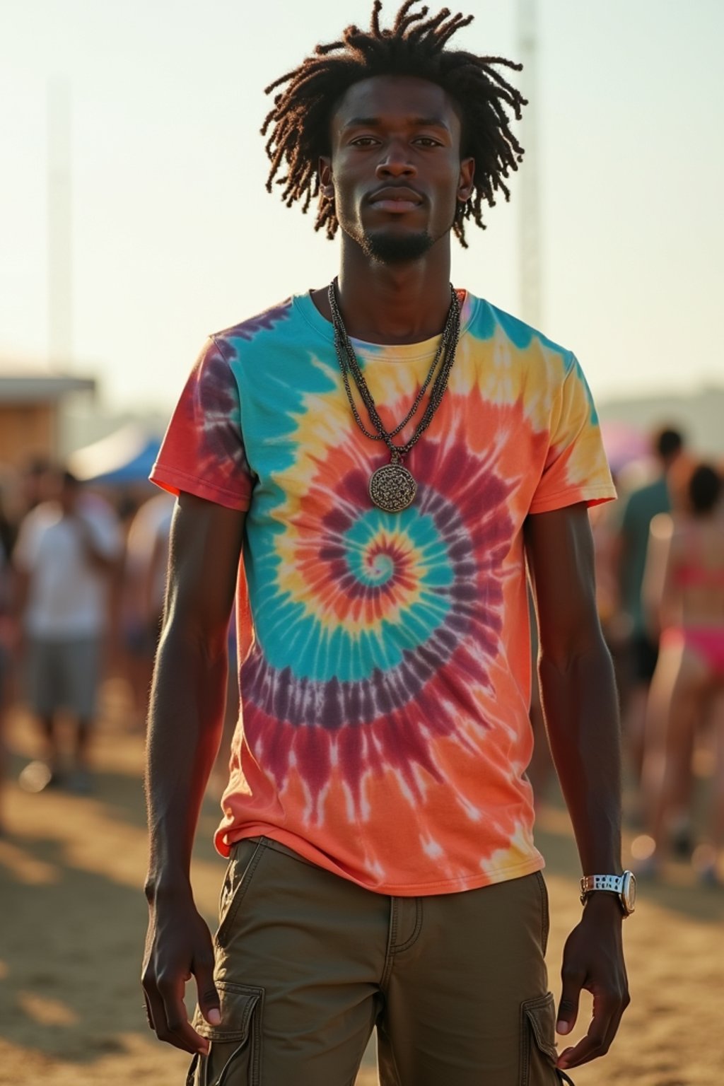 a man in  a tie-dye t-shirt and cargo shorts, embodying the DIY and personalization culture of music festivals