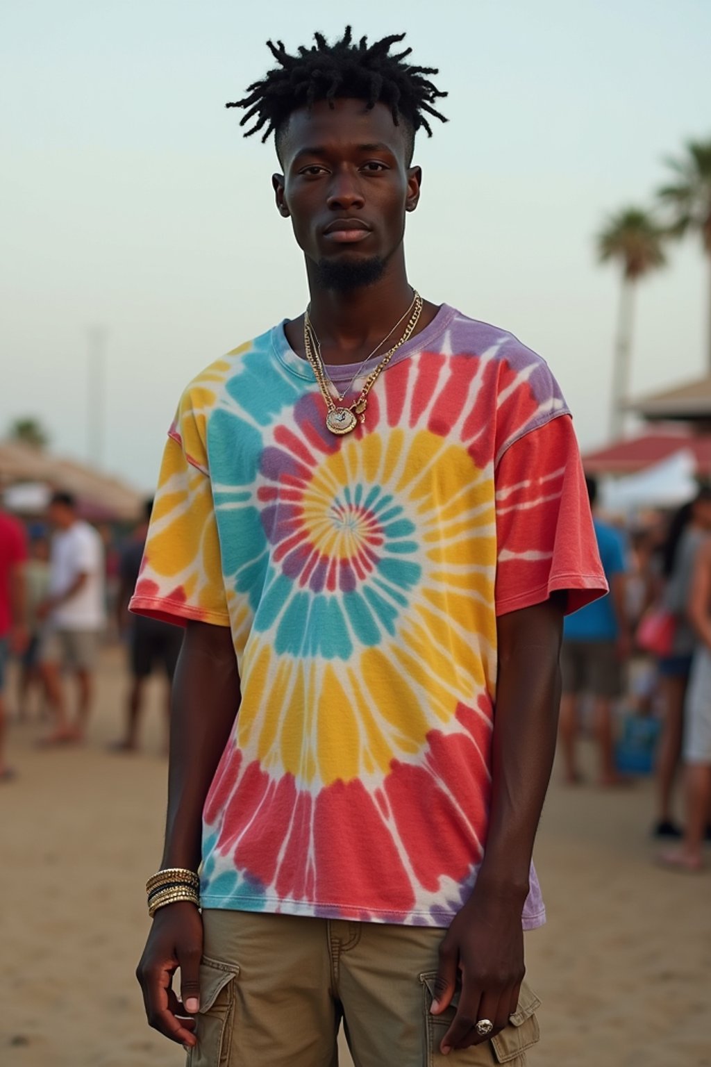 a man in  a tie-dye t-shirt and cargo shorts, embodying the DIY and personalization culture of music festivals