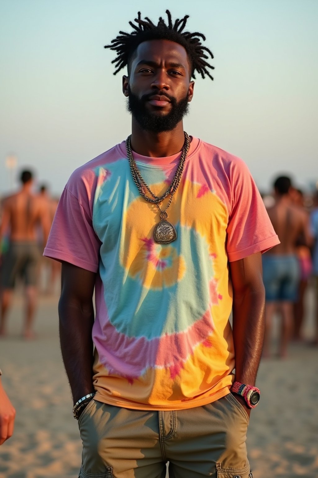 a man in  a tie-dye t-shirt and cargo shorts, embodying the DIY and personalization culture of music festivals