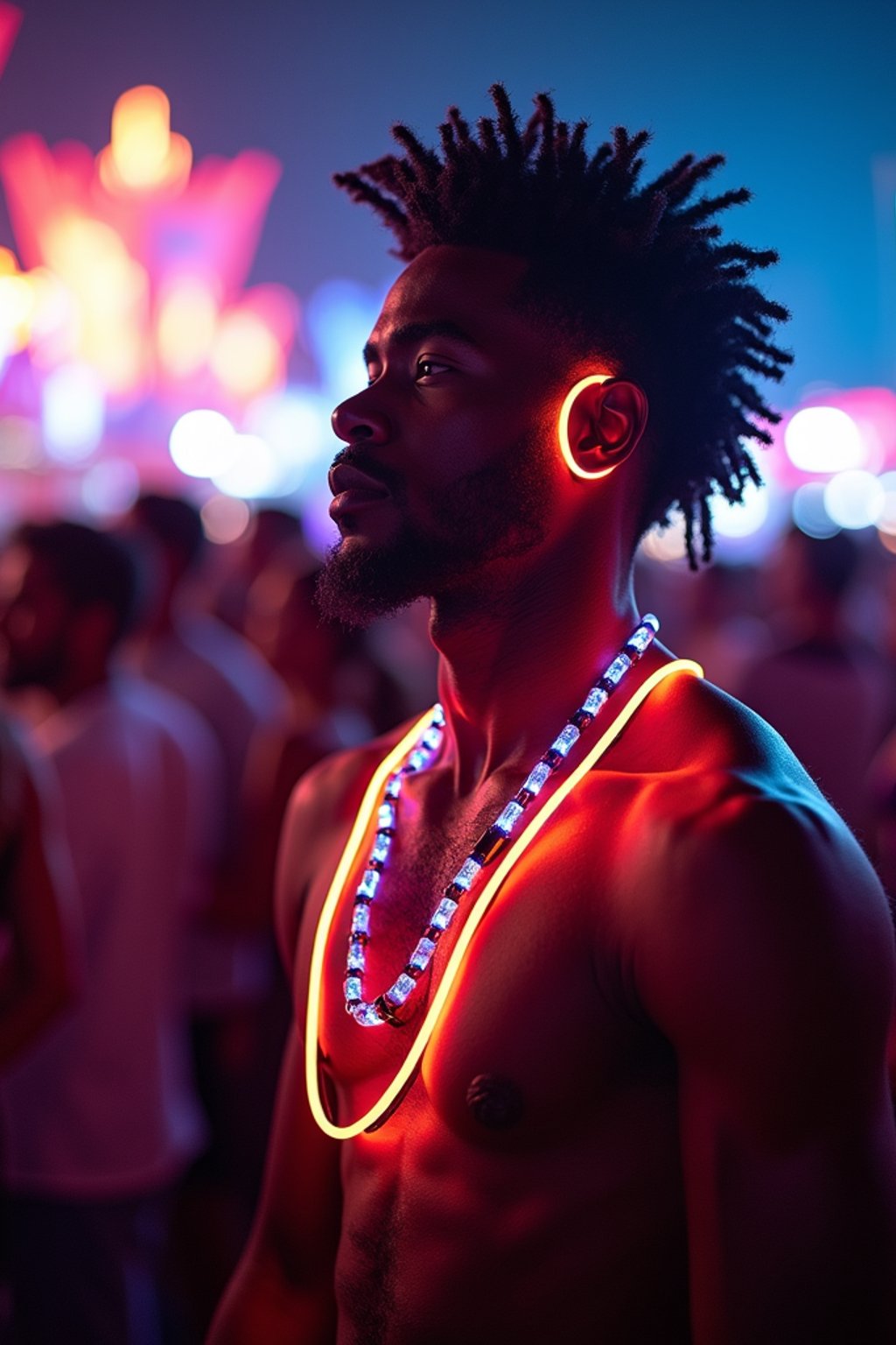 a man with  glowing LED accessories, standing out in the crowd and embracing the festival's vibrant atmosphere