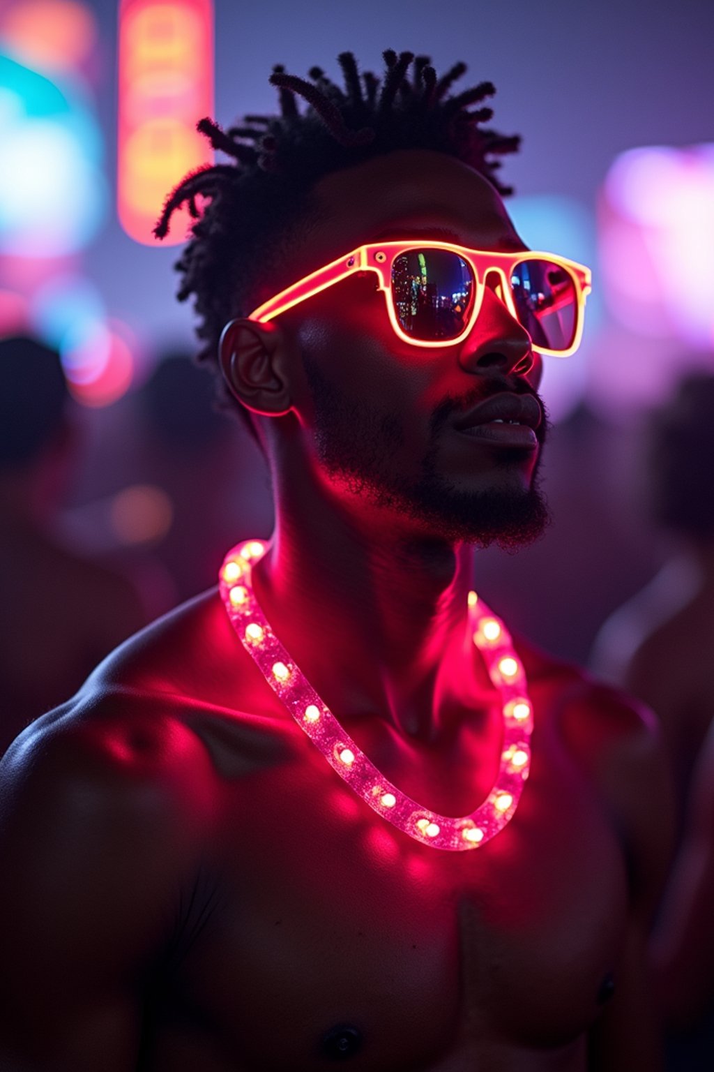 a man with  glowing LED accessories, standing out in the crowd and embracing the festival's vibrant atmosphere