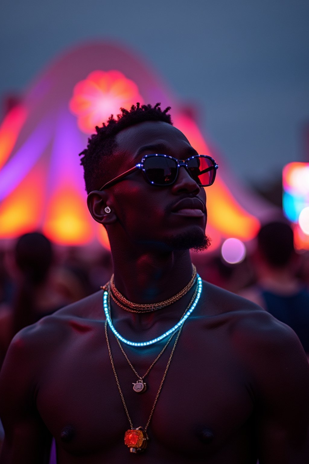 a man with  glowing LED accessories, standing out in the crowd and embracing the festival's vibrant atmosphere