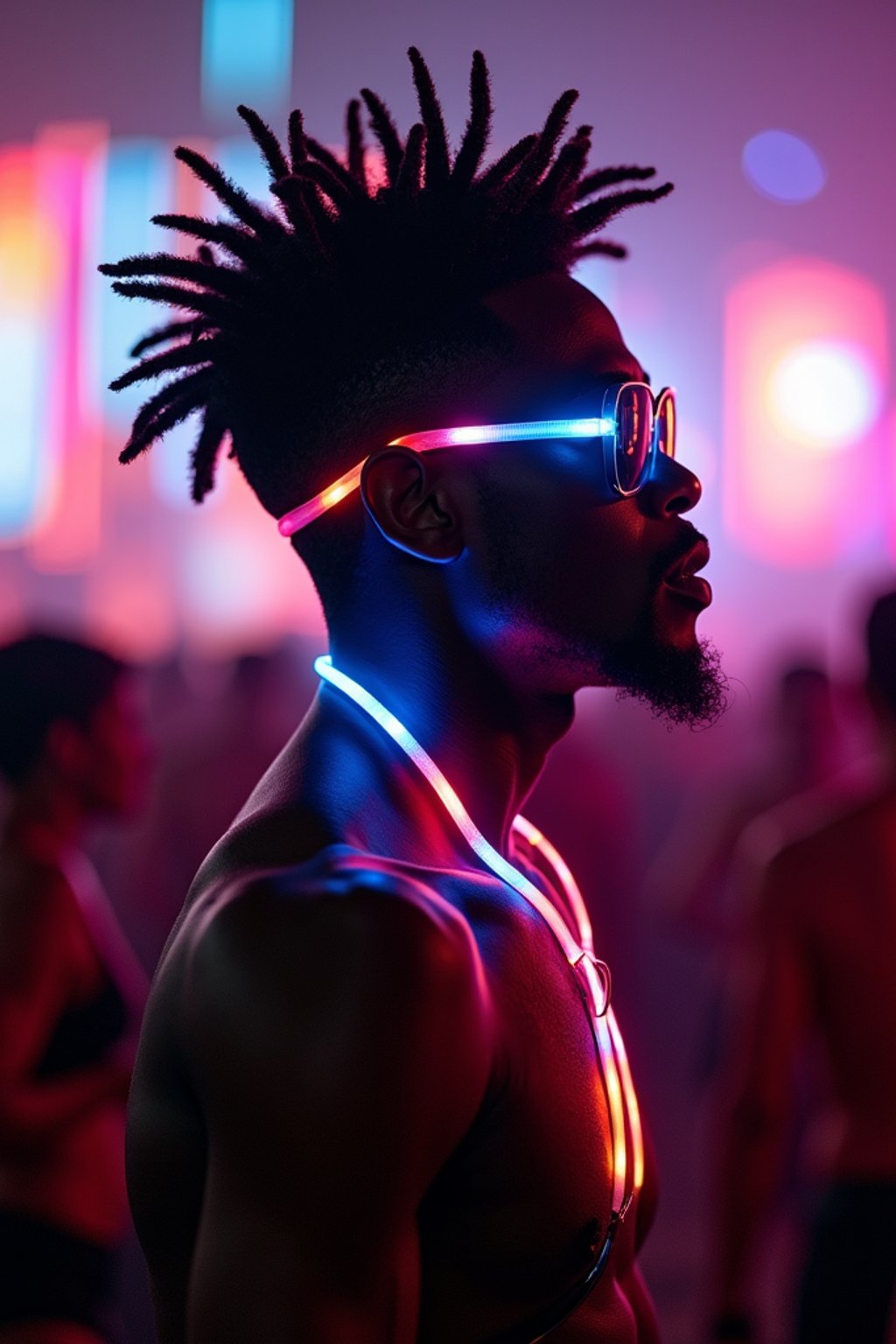 a man with  glowing LED accessories, standing out in the crowd and embracing the festival's vibrant atmosphere