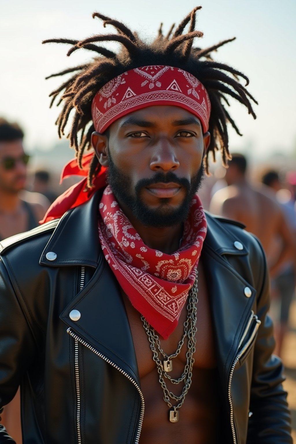 a stunning man in  a leather jacket and bandana, embodying the fusion of bohemian and rock n roll styles at the festival