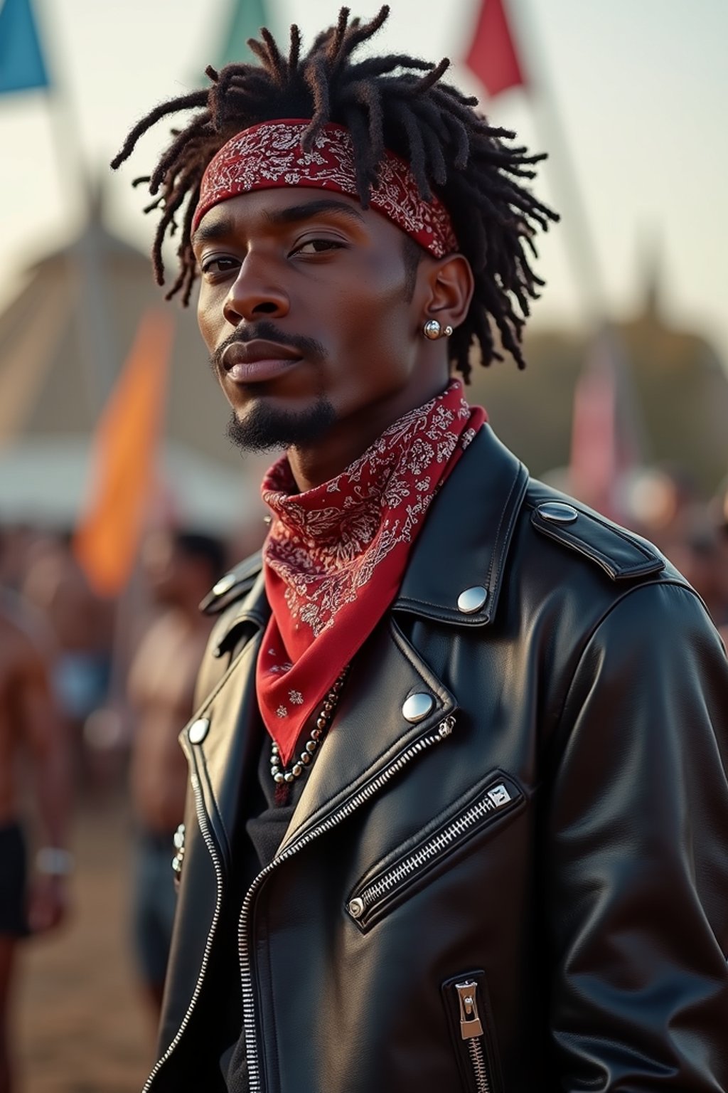 a stunning man in  a leather jacket and bandana, embodying the fusion of bohemian and rock n roll styles at the festival