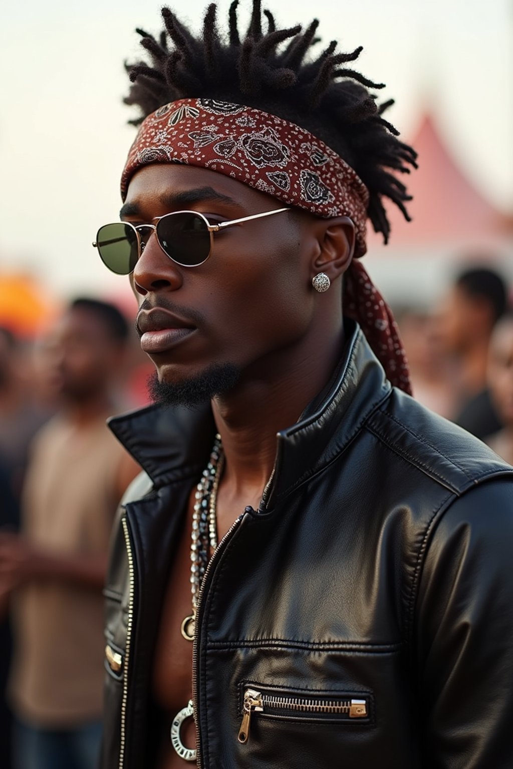 a stunning man in  a leather jacket and bandana, embodying the fusion of bohemian and rock n roll styles at the festival