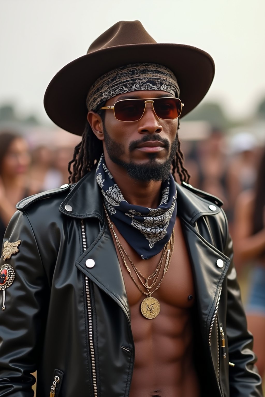 a stunning man in  a leather jacket and bandana, embodying the fusion of bohemian and rock n roll styles at the festival