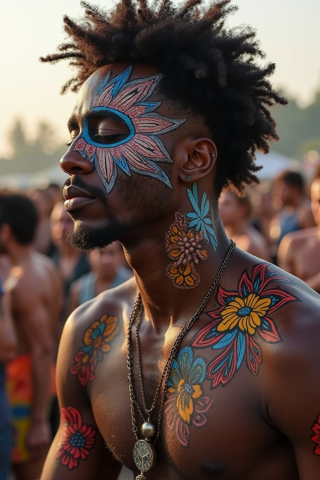 a man with  bold face and body art, capturing the artistic and expressive side of the music festival experience