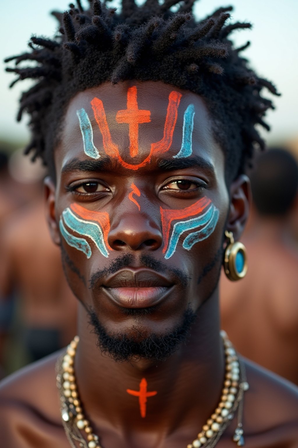 a man with  bold face and body art, capturing the artistic and expressive side of the music festival experience